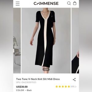 Commense Two Tone V-Neck Knit Slit Midi Dress - Black and Cream